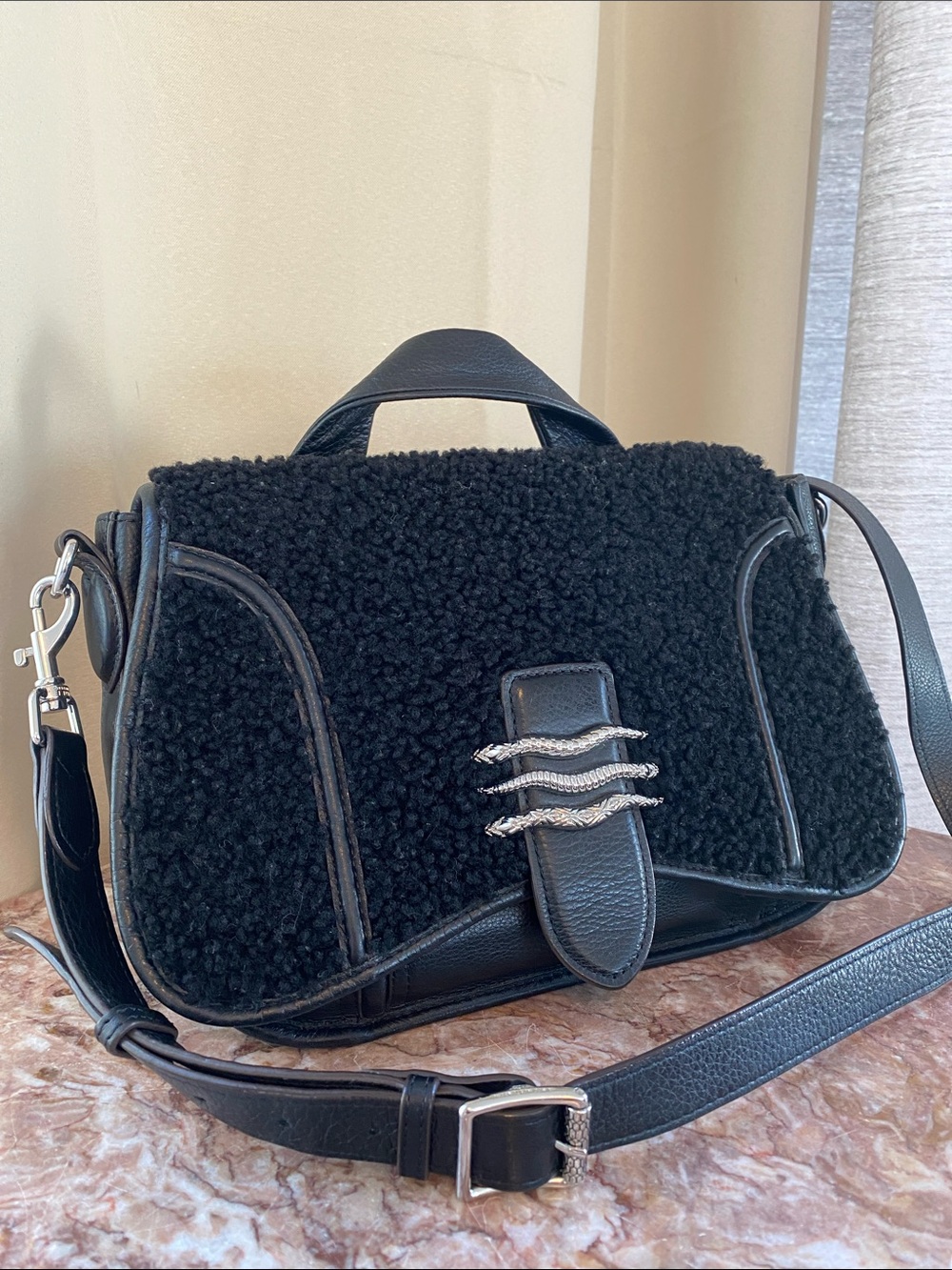 Aimee Kestenburg Black Sherpa,leather crossbody Bag & Silver standout hardware